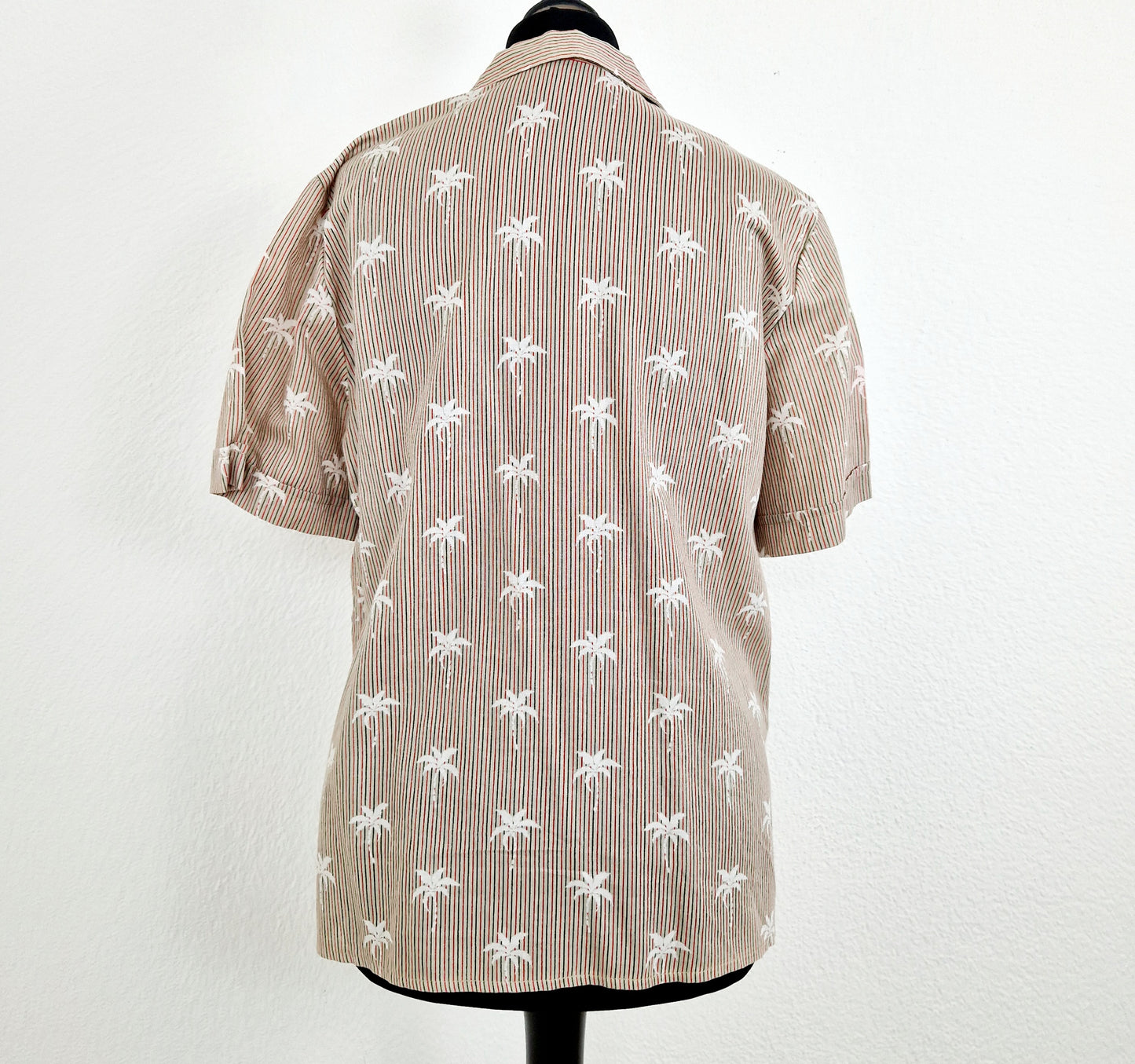 Bluse, Kurzarm, beige-weiss-grün, Streifen und Palmen, M