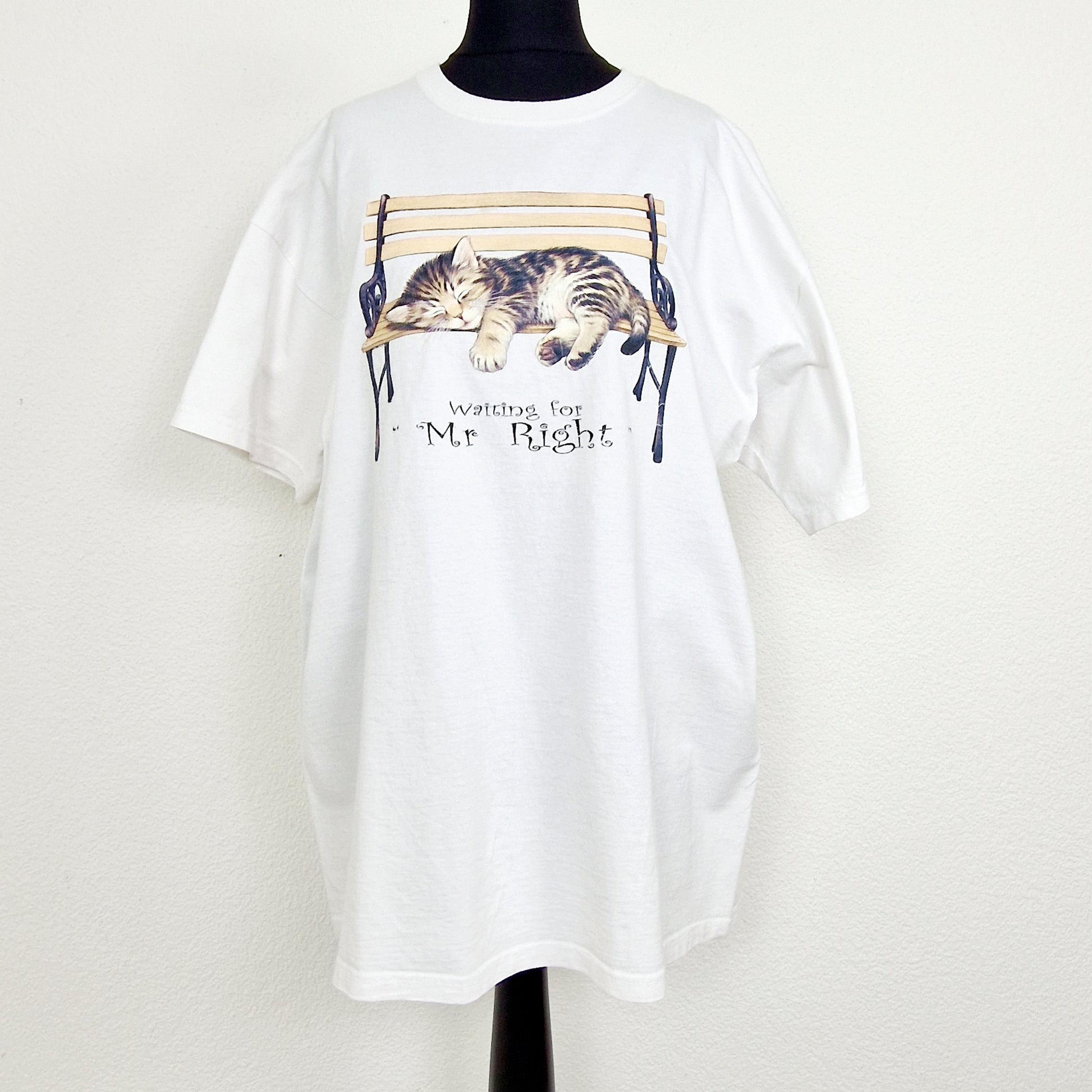 Einzigartiges und nachhaltiges Vintage T-Shirt mit Katze. Unique and sustainable vintage t-shirt with cat. Front.
