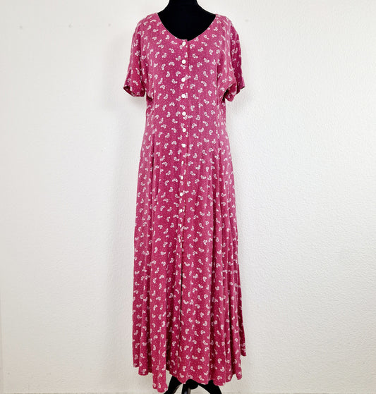 Einzigartiges und nachhaltiges Vintage Kleid, Kurzarm, in himbeer-weiss. Unique and sustainable vintage dress, short sleeves, in raspberry-white. Front.