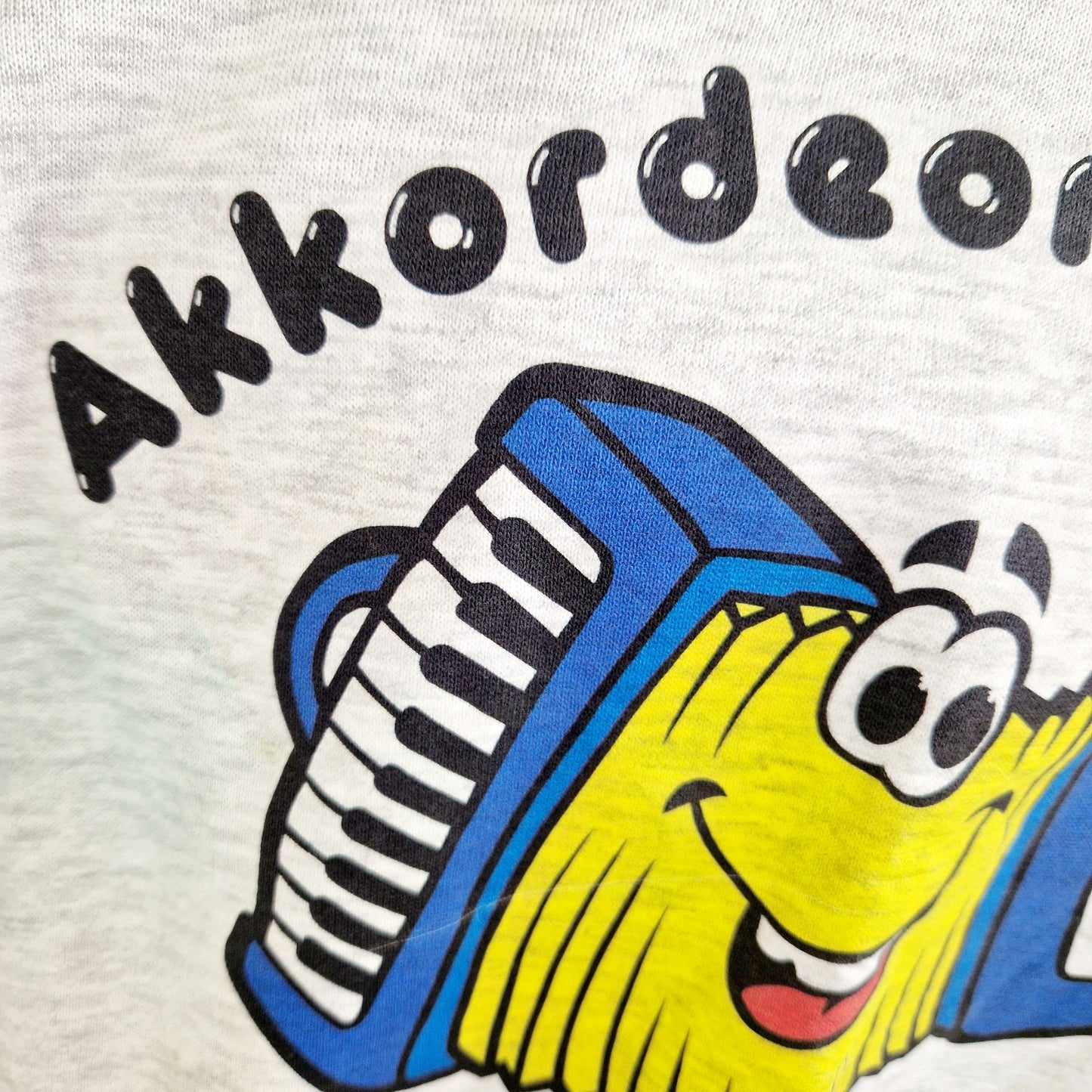 Einzigartiger und nachhaltiger Vintage Sweater mit Akordeon. Unique and sustainable vintage sweater with accordion. Close-up.