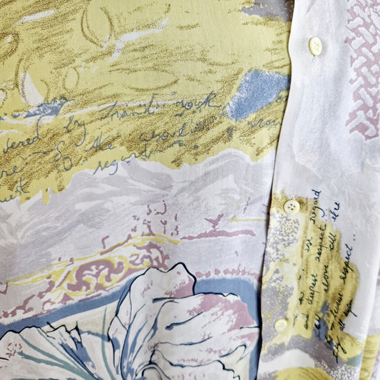 Einzigartiges und nachhaltiges Vintage Hemd in gelb-rosa-hellblau. Unique and sustainable vintage button-down in yellow-pink-light blue. Close-up.