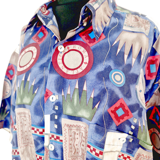 Hemd, Kurzarm, blau-bordeaux-grau, geometrisch, Seide, M (Men)