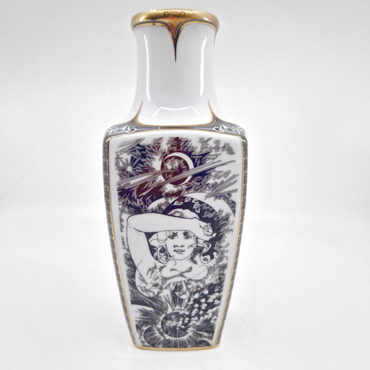 Einzigartige und nachhaltige Vintage Vase in weiss-schwarz-gold von Endre Szász für Hollóháza. Front 2.