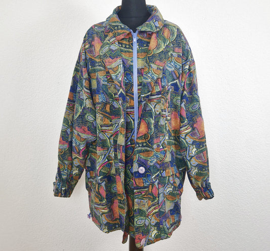 Einzigartige und nachhaltige Vintage Jacke in grün-blau-pink mit Schulterpolstern. Unique and sustainable vintage jacket in green-blue-pink with shoulder pads. Front 2.