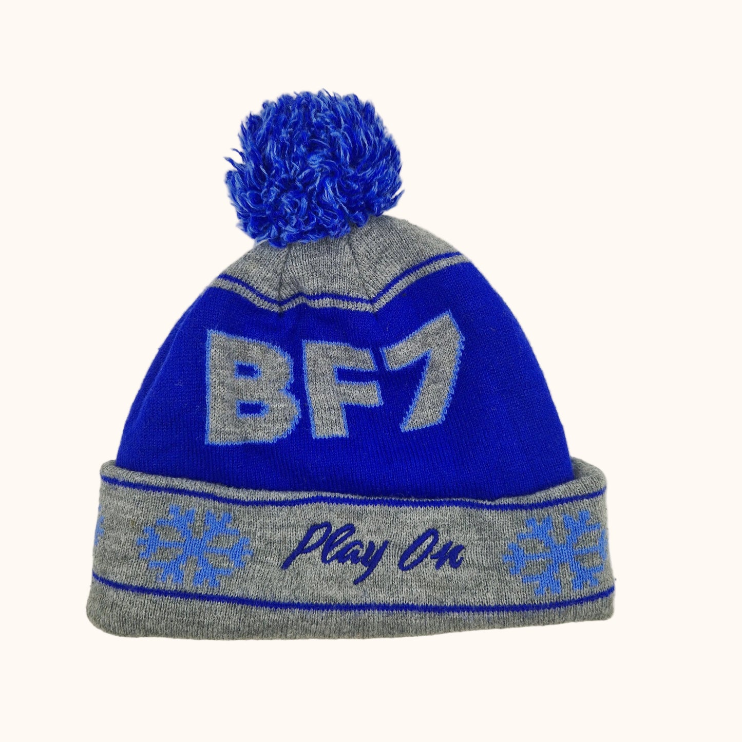 Einzigartige und nachhaltige Vintage Mütze/Beanie in blau-grau, BF7. Unique and sustainable vintage beanie in blue-grey, BF7. Front.