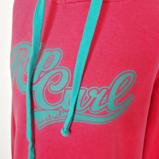 Einzigartiger und nachhaltiger Vintage Hoodie in pink-grün, Rip Curl. Close-up.