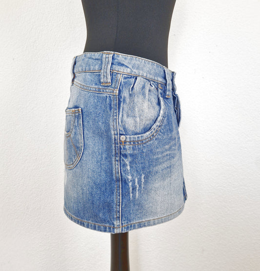 Einzigartiger und nachhaltiger Vintage Jeansminirock in blau. Side.