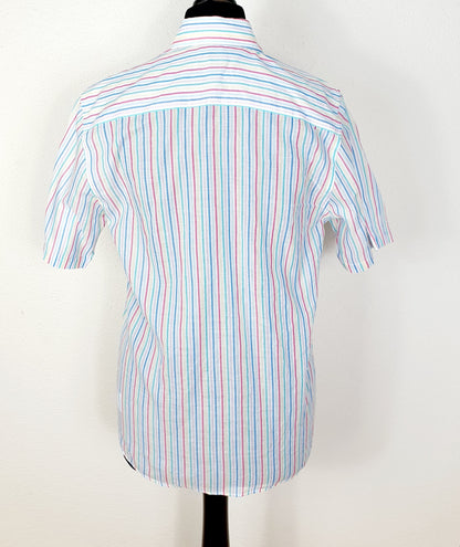 Einzigartige und nachhaltige Vintage Bluse in weiss-rot-gelb mit Streifen. Unique and sustainable vintage blouse in white-red-yellow with stripes. Back.