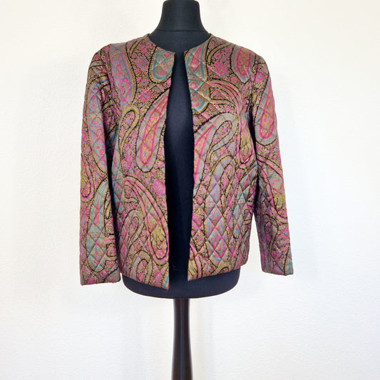 Einzigartiger und nachhaltiger Vintage Blazer in pink-petrol-gold. Unique and sustainable vintage blazer in pink-petrol-gold. Front.
