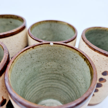 Einzigartiges und nachhaltiges Vintage Set mit Krug und 5 Bechern mit Taube. Unique and sustainable vintage set with a pitcher and 5 cups with pigeon. Chip.