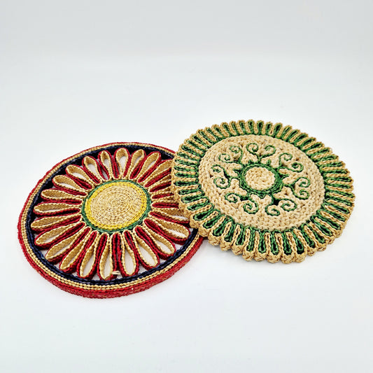 2 pot coasters, beige-red-blue-green, flowers, basket
