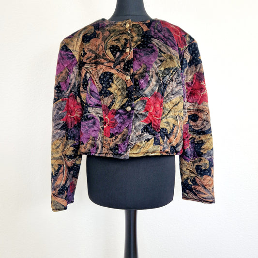 Einzigartiger und nachhaltiger Vintage Blazer in khaki-rot-violett aus Samt. Unique and sustainable vintage blazer in khaki-red-purple made of velvet.