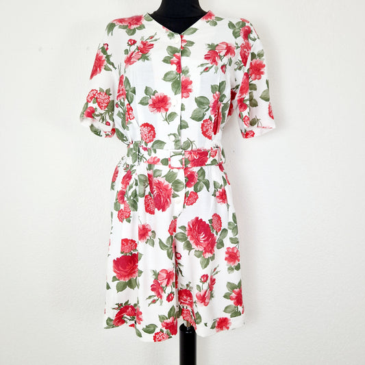 Playsuit, Kurzarm, kurze Hosen, weiss-rot-grün, Rosen, S