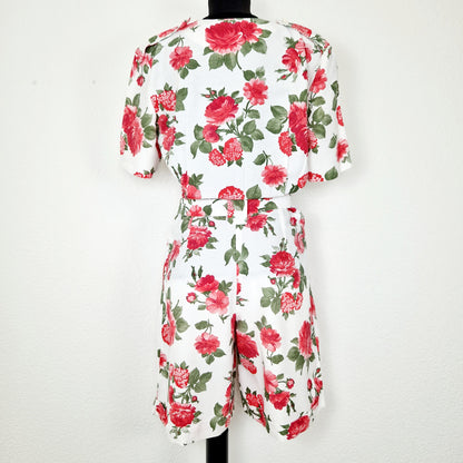 Playsuit, Kurzarm, kurze Hosen, weiss-rot-grün, Rosen, S