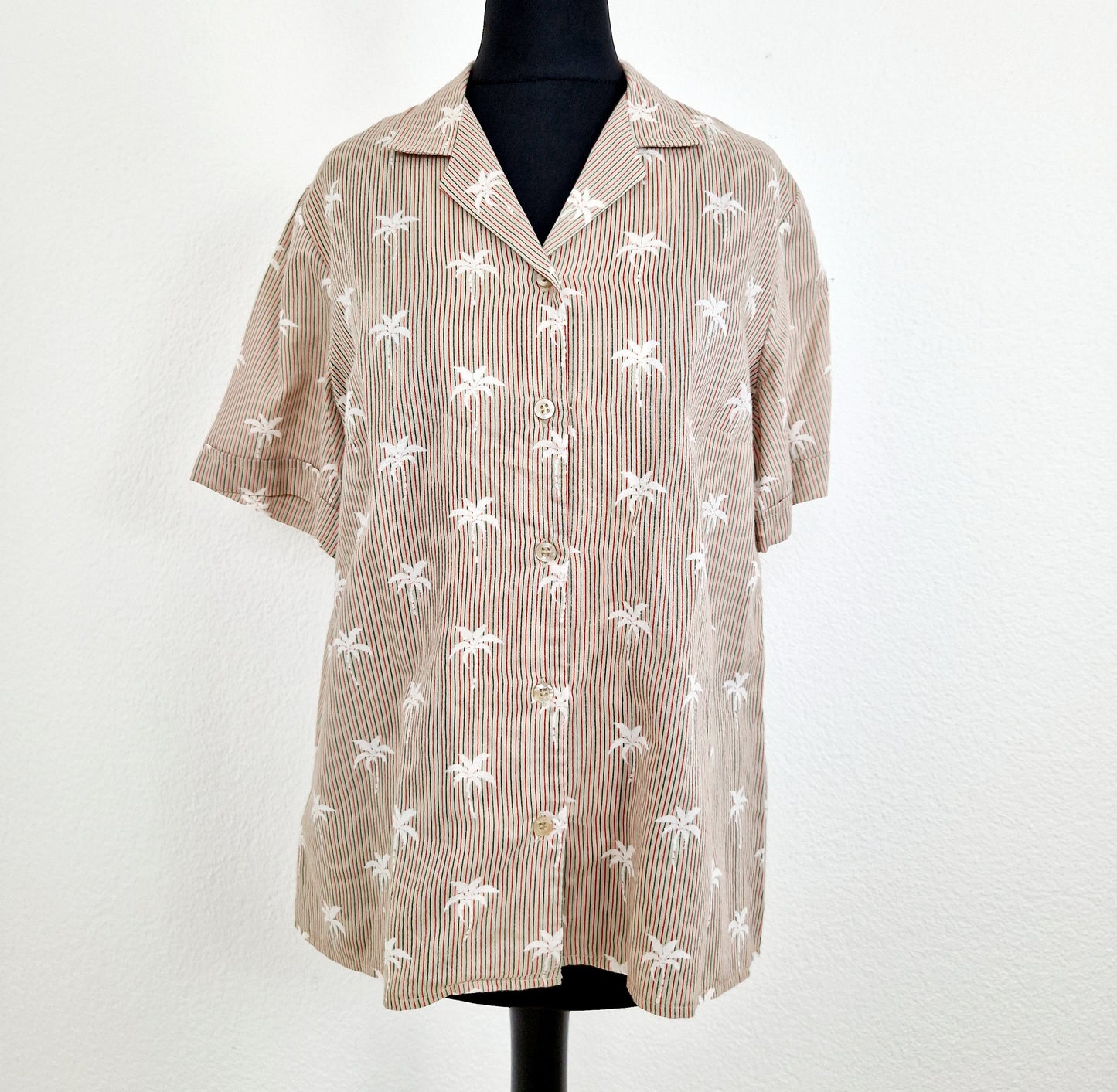 Bluse, Kurzarm, beige-weiss-grün, Streifen und Palmen, M