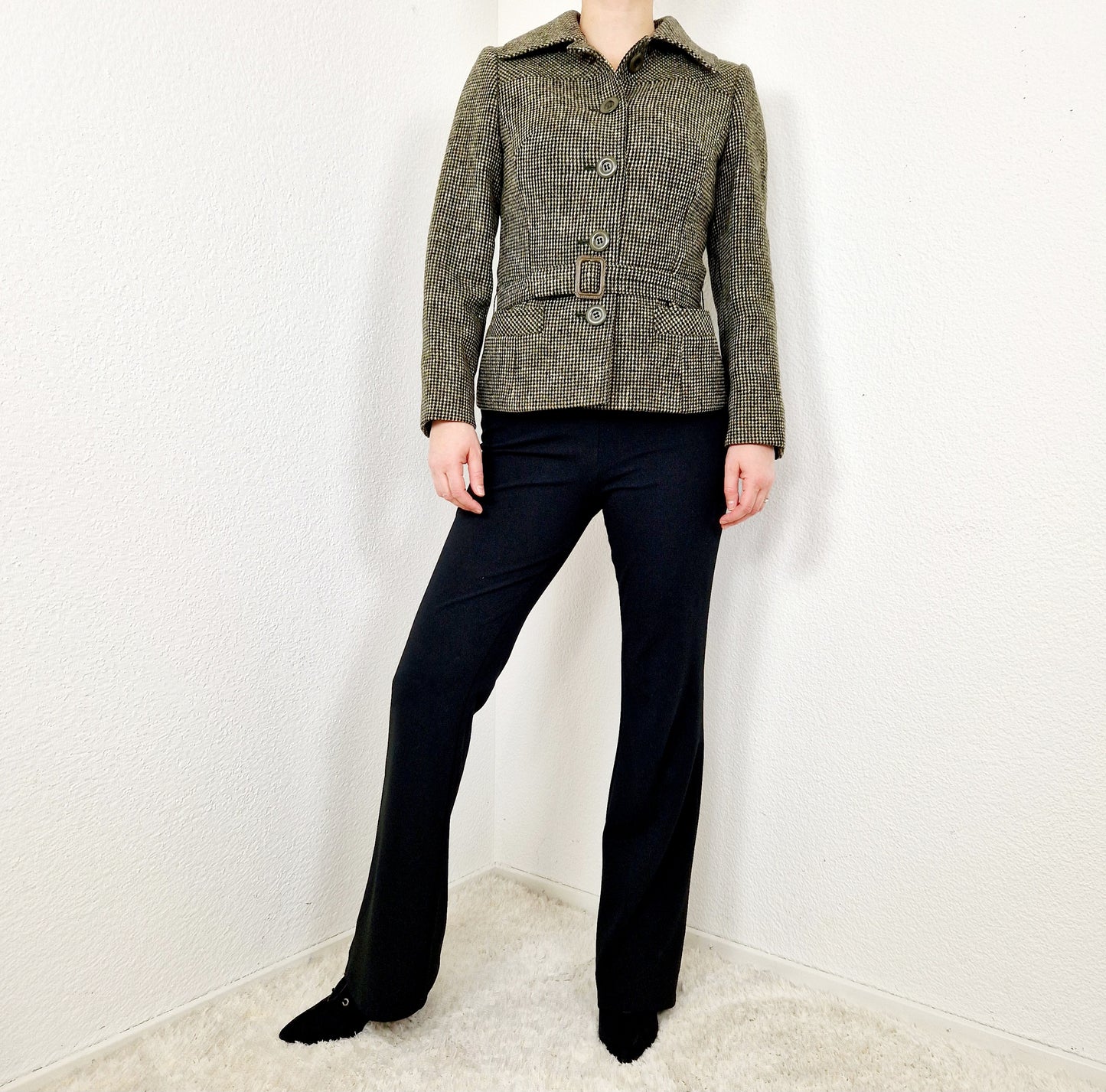 Blazer, khaki-schwarz-beige, Hahnentritt, mit Gürtel, XS/S