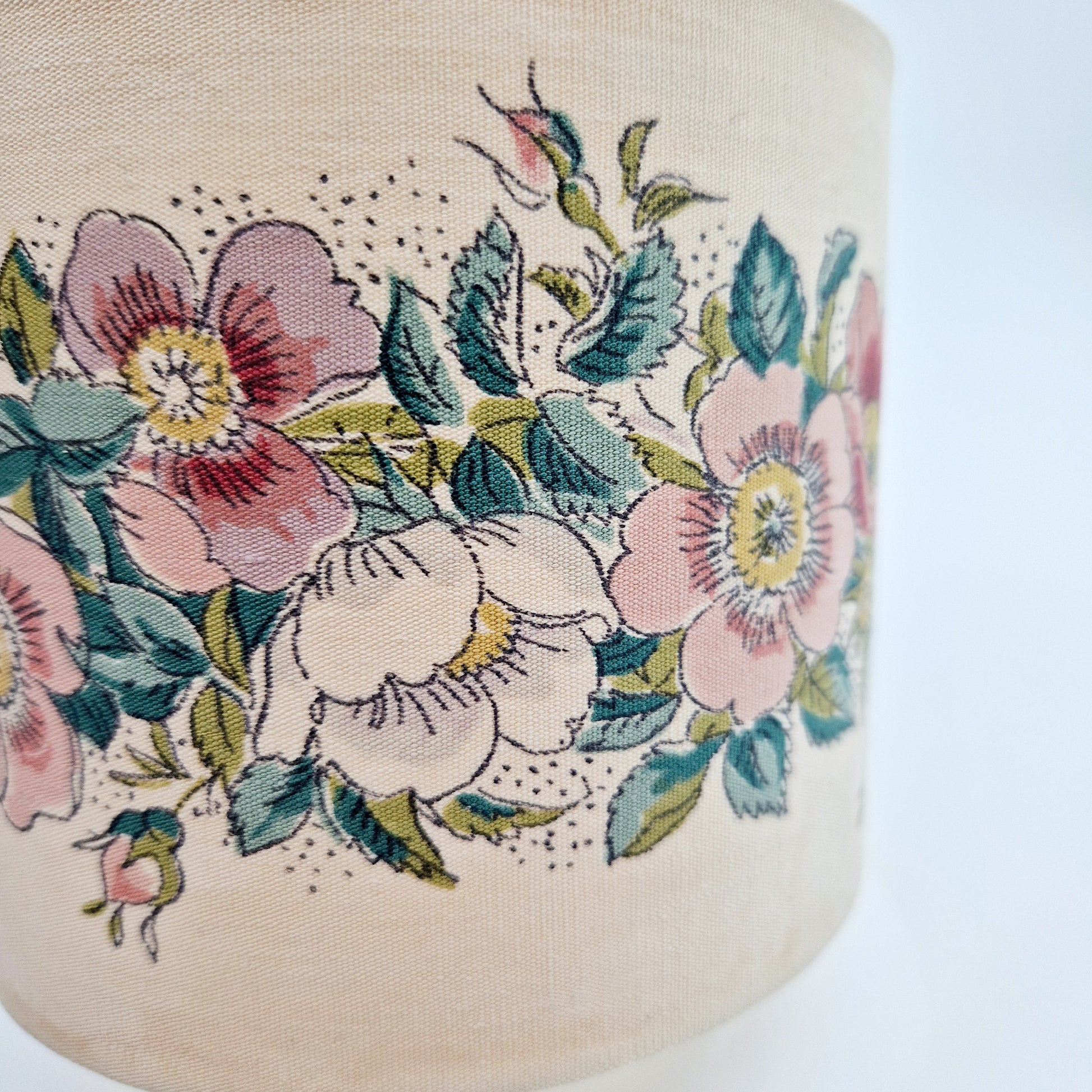 Einzigartiger und nachhaltiger Vintage Lampenschirm mit Blumen. Unique and sustainable vintage lamp shade with flowers. Close-up.