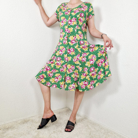 Kleid, Kurzarm, grün-pink-gelb, Blumen, M