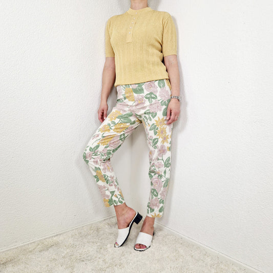 Pantalon à fleurs, rose coquille d'œuf-vert, M