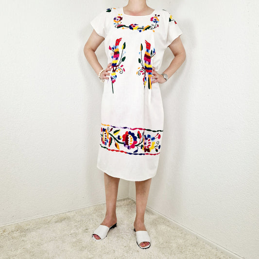 Kleid, ärmellos, weiss-rot-grün, Vögel,  L