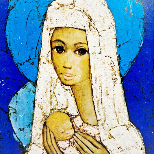 Einzigartiges und nachhaltiges Vintage Bild mit Madonna von Jeff Wauters. Unique and sustainable vintage print with madonna from Jeff Wauters. Close-up.