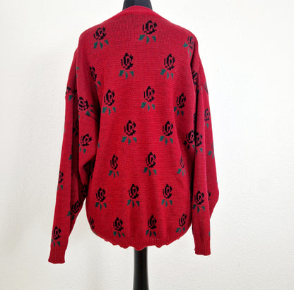 Einzigartiger und nachhaltiger Vintage Cardigan in rot. Unique and sustainable vintage cardigan in red. Back.