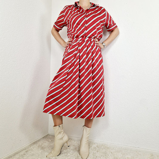 Set, Rock und Bluse, rot-weiss-grau, Streifen, M