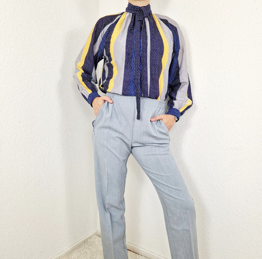 Bluse, Langarm, blau-gelb-grau, Punkte, Schleife, L