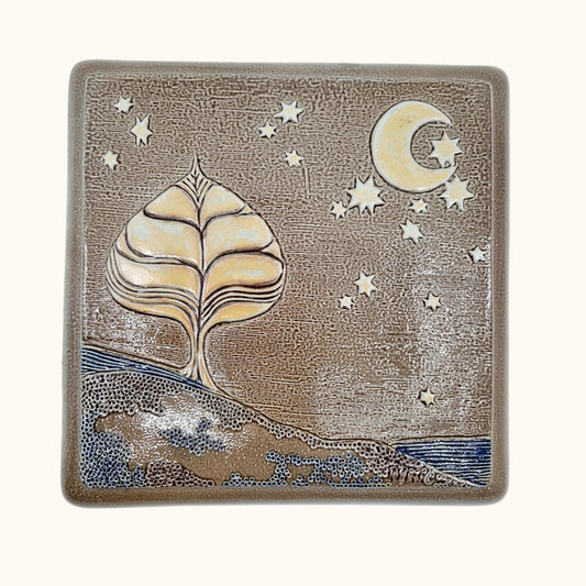Einzigartiges und nachhaltiges Vintage Bild mit Baum und Sternenhimmel aus Keramik von Goebel. Front.