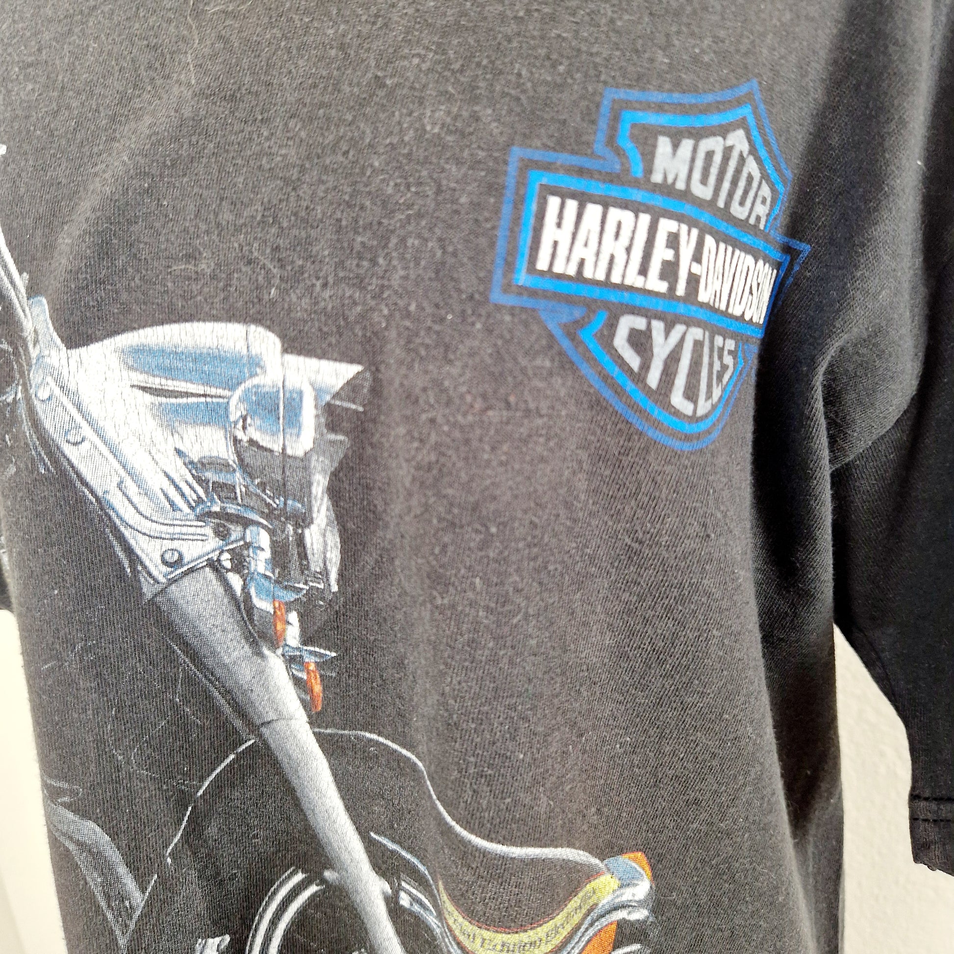 Einzigartiges und nachhaltiges Vintage T-Shirt Harley Davidson. Unique and sustainable vintage t-shirt harley davidson. Close-up.