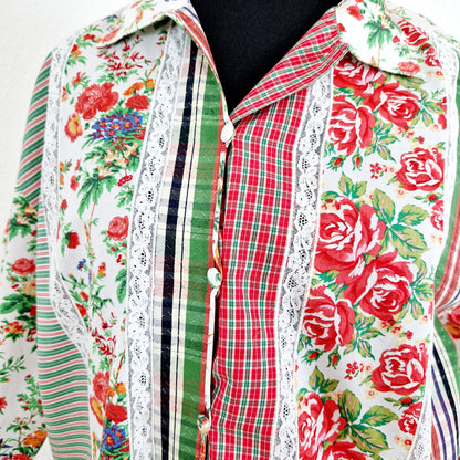 Bluse, Kurzarm, weiss-rot-grün, Blumen, Spitzen, L