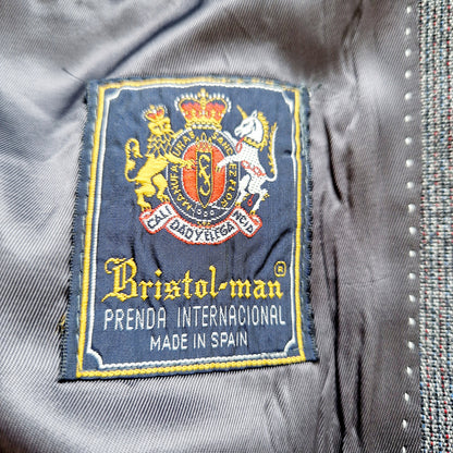 Einzigartiger und nachhaltiger, melierter Vintage Blazer in anthrazit-blau-rot. Tag.