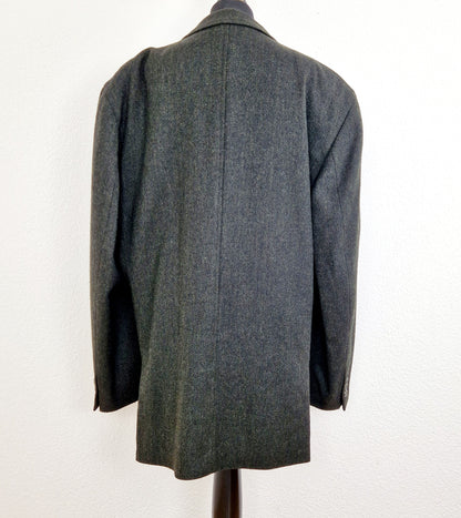 Einzigartiger und nachhaltiger Vintage Blazer in schwarz-oliv mit Fischgrätmuster. Back.