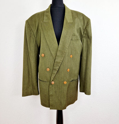 Einzigartiger und nachhaltiger Vintage Blazer (Men) in olivgrün. Unique and sustainable vintage blazer (men) in olive green. Front.