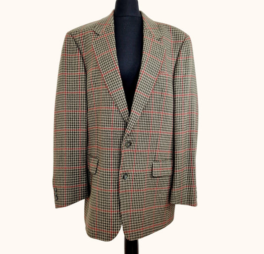 Einzigartiger und nachhaltiger Vintage Blazer in khaki-oliv-rot, Glencheck, kariert. Front.