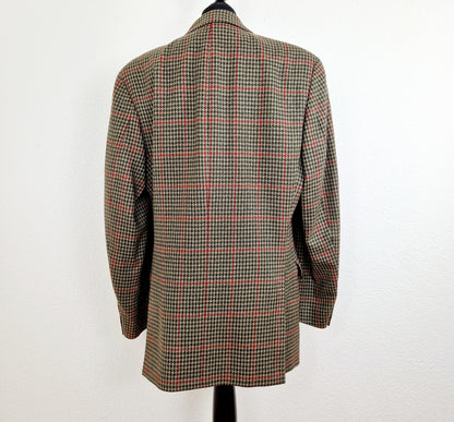 Einzigartiger und nachhaltiger Vintage Blazer in khaki-oliv-rot, Glencheck, kariert. Back.
