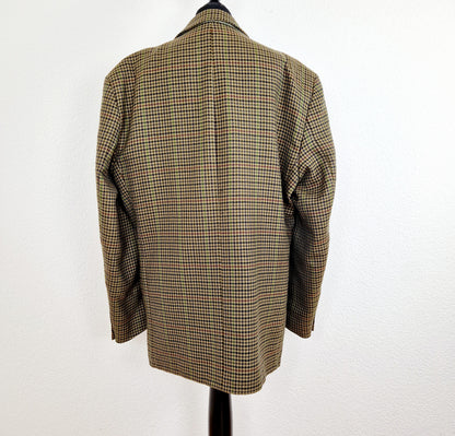 Einzigartiger und nachhaltiger,  karierter Vintage Blazer mit Glencheck-Muster in khaki-beige-dunkelblau. Back.