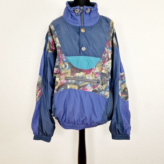 Einzigartige und nachhaltige Vintage Jacke in dunkelgrau-blau-fuchsia. Unique and sustainable vintage jacket in dark grey-blue-fuchsia. Front.
