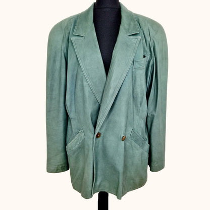 Einzigartiger und nachhaltiger Vintage Blazer in grün, Leder. Front.