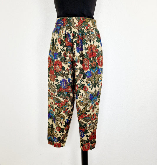 Hose, beige-violett-türkis, Blumen, Paisley, S/M