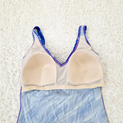 Einzigartiger und nachhaltiger Vintage Badeanzug in dunkelblau-hellblau-silber mit Streifen. Unique and sustainable vintage swimsuit in dark blue-light blue-silver with stripes. Inside out.