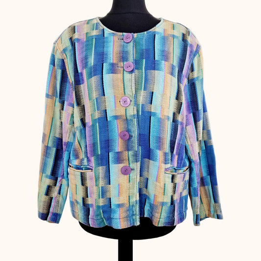 Einzigartiger und nachhaltiger Vintage Blazer in türkis-blau-lila, geometrisch. Front.