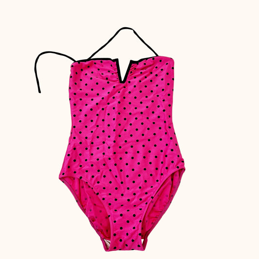 Einzigartiger und nachhaltiger Vintage Badeanzug in pink-schwarz mit Punkten. Front.