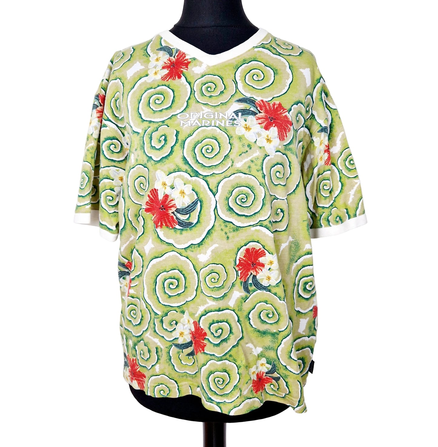 T-Shirt, hellgrün-rot-weiss, Blumen, M/L