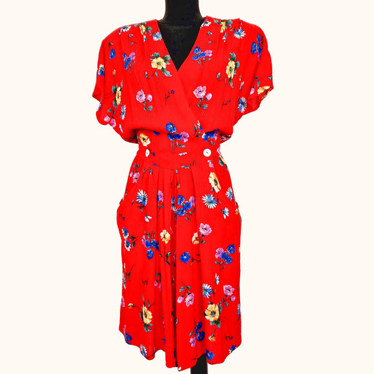 Playsuit, Kurzarm, rot-blau-gelb, Blumen, L/XL