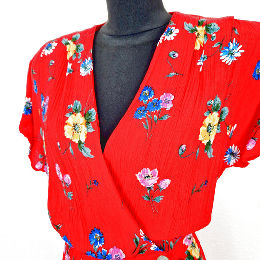 Playsuit, Kurzarm, rot-blau-gelb, Blumen, L/XL