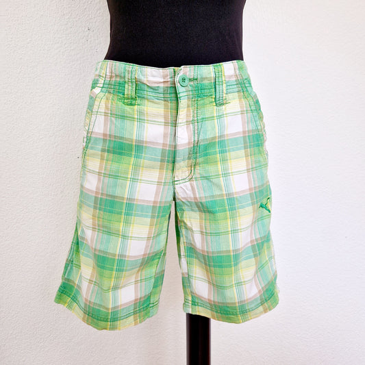 Einzigartige und nachhaltige Vintage Shorts in grün-hellgrün-weiss, von Puma. Unique and sustainable vintage shorts in green-light green-white, from Puma. Front.