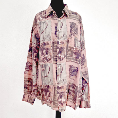 Einzigartiges und nachhaltiges Vintage Hemd in rosa-grau. Unique and sustainable vintage shirt in pink-grey. Front.