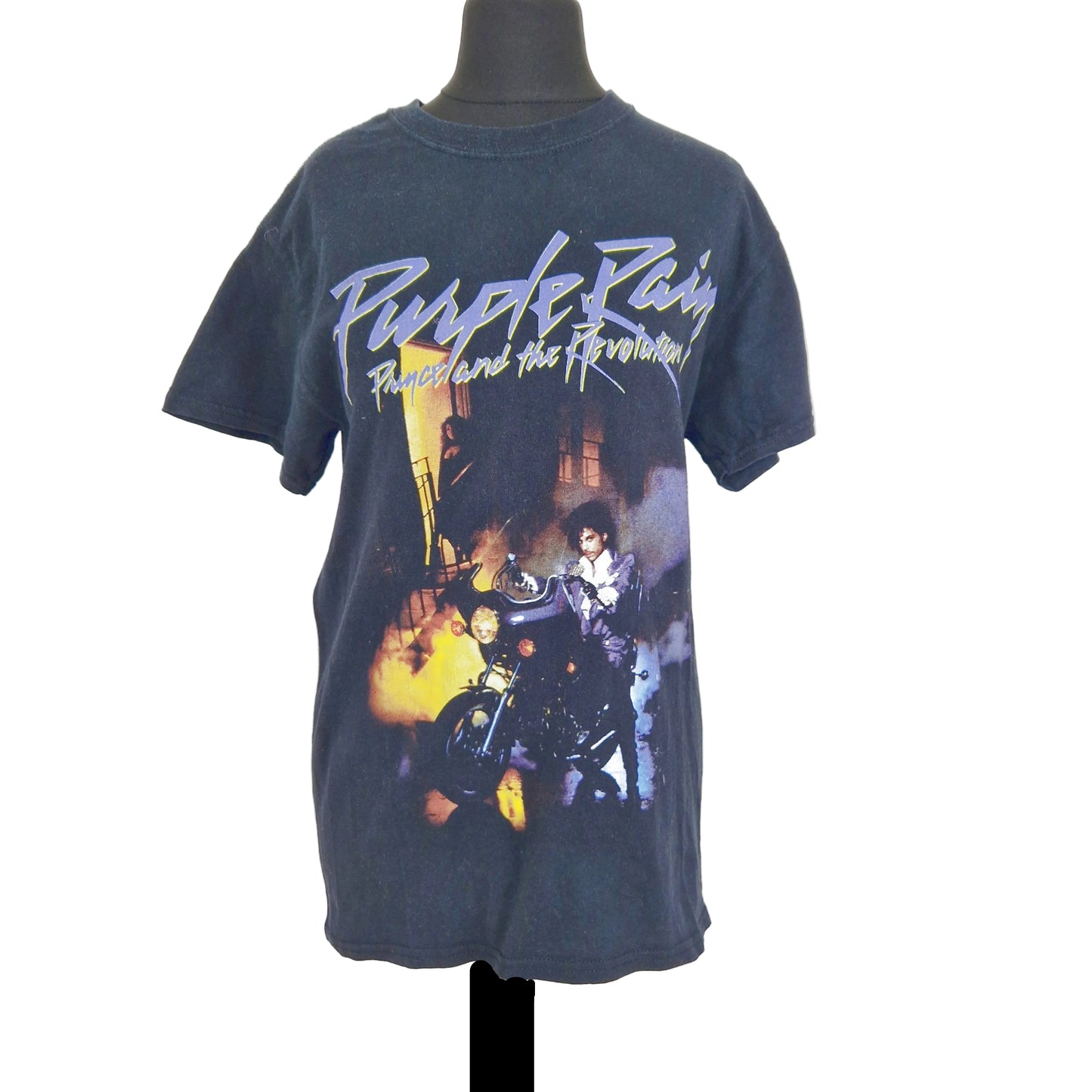 Einzigartiges und nachhaltiges Vintage T-Shirt in schwarz-violett-gelb, Purple Rain. Front.