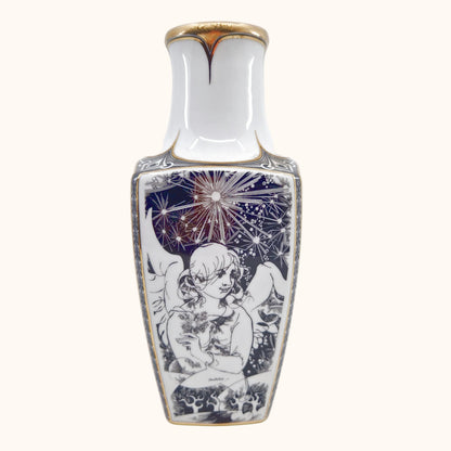 Einzigartige und nachhaltige Vintage Vase in weiss-schwarz-gold von Endre Szász für Hollóháza. Front.